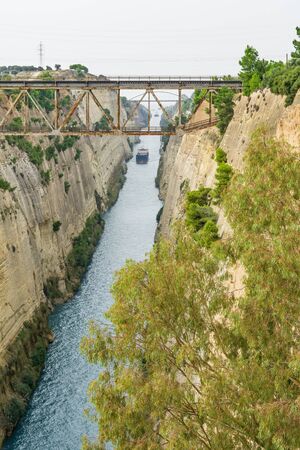 Ship in the Corinth Canal, Greece. Aerial viewの写真素材