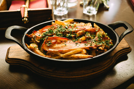 fried potatoes with meat and mushrooms