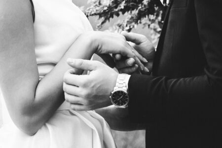couple of loving newlyweds monochrome photographyの写真素材
