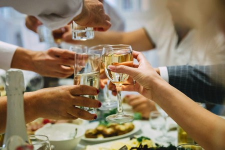 Guests at the wedding clinking glasses with champagne, wishing health to the newlyweds