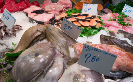Assortment of fresh fish on market stall