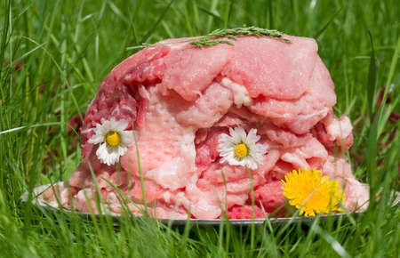 Stack of tender beef steaks with flowers and herbs - symbol of natural foodの写真素材
