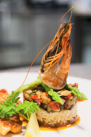 Vegetable tartar and with grilled prawn on topの写真素材