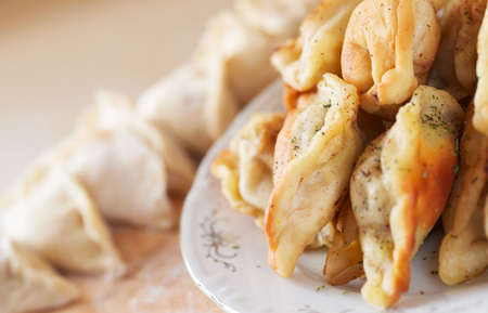 Fried and uncooked ravioli, selective focusの写真素材