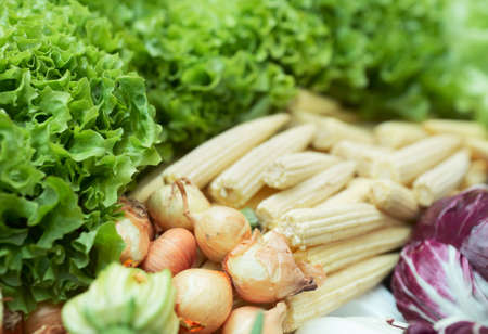 Vegetables and lettuce in supermarket, focus is on onionsの写真素材