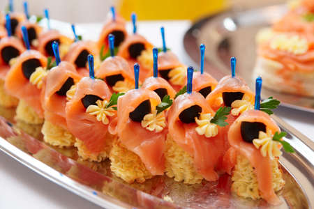 Salmon canapes, close up shot, narrow focus の写真素材