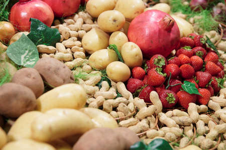 Vegetables and fruits on supermarket displayの写真素材