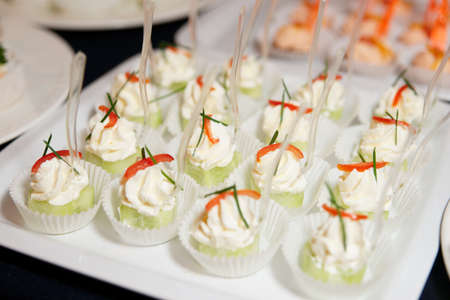 Various snacks on banquet tableの写真素材