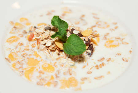 Muesli with milk in a white plate, close-upの写真素材
