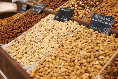 Variety of nuts on street marketの写真素材