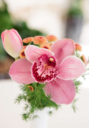 Boquet of orchid flowers and tulips, very shallow depth of field, natural lightの写真素材