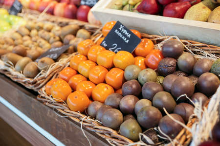 Shelf with fruits on a farm marketの写真素材