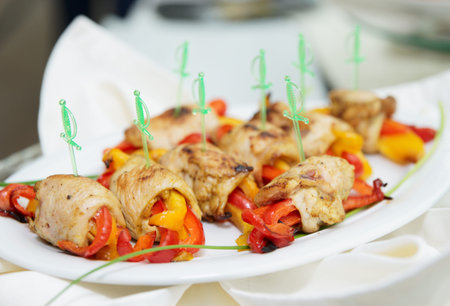 Chicken rolls with bell pepper on porcelain plateの写真素材