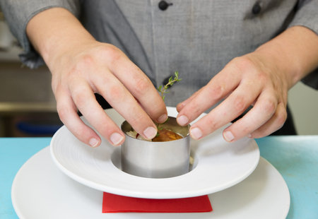 Chef is decorating appetizer on commercial kitchen