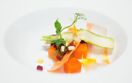 Fresh seasonal vegetbles sliced in plate for soup, close-up
