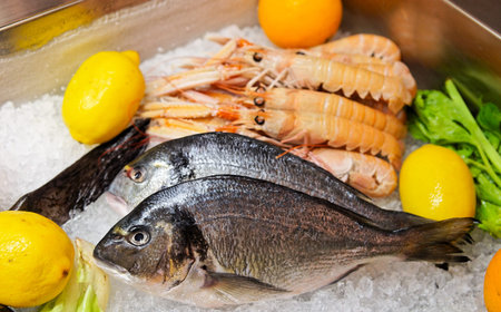 Seabass and scampi on cooled market display 