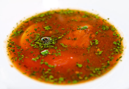 Russian beet-root soup in plate, close-up