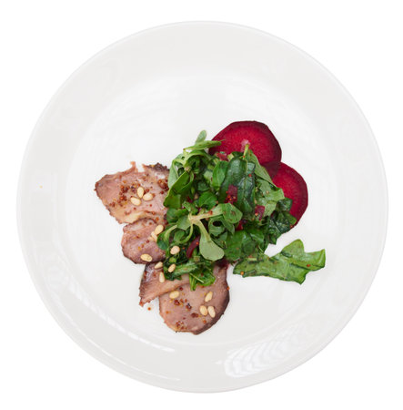 Meat carpaccio on plate isolated on white background