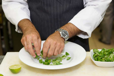 Chef is mixing salad at professional kitchenの写真素材