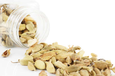 Cardamom spilled from plastic container, isolated on whiteの写真素材