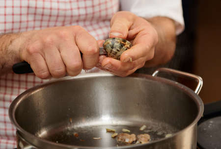 Chef is peeling clams and putting them into the potの写真素材