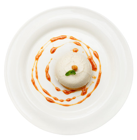 Pineapple and cheese cream dessert in plate isolated on whiteの写真素材