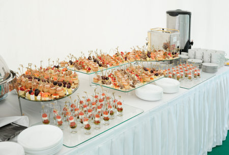 Various meat, fish and cheese banquet snacks on banquet table, catering event