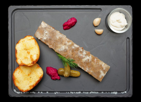 Meat aspic with baked potatoes and horseradish isolated on black, clipping path