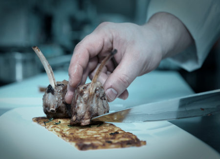 Chef is making meat dish on commercial kitchen