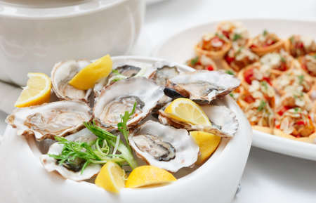 Fresh opened oysters on plateの写真素材