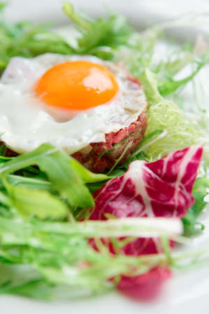 Beef tartar with fried egg and lettuce, close-upの写真素材