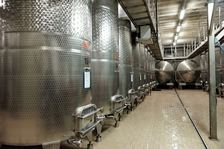 Large volume stainless steel fermenters used to make wine