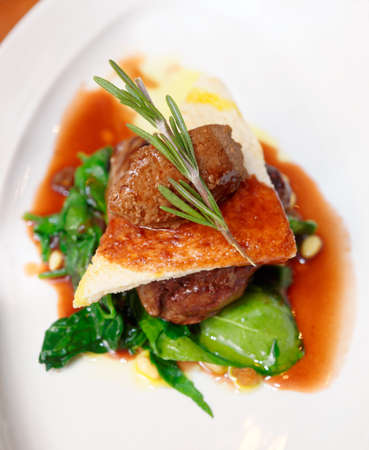 Tenderloin steak with beef terrine and spinach in plateの写真素材