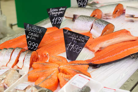 Salmon steaks on a cooled market displayの写真素材