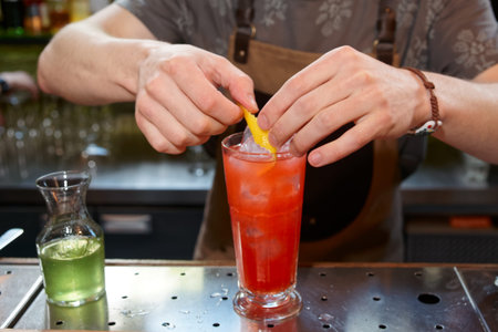 Bartender is adding lemon zest to the cocktail at bar counter