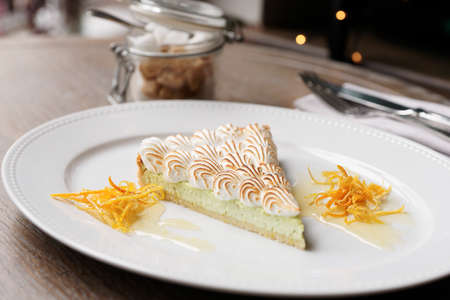 Meringue dessert with coffee, morning meal, day lightの写真素材