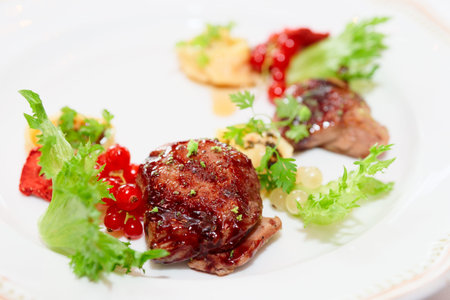 Duck meat with berries and ravioli, close-up, gourmet food