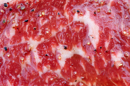 Beef marinated with oil and black pepper, close-upの写真素材