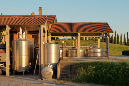 Winery equipment shot an sunset