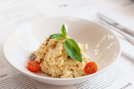 Creamy risotto in porcelain plate served in deep porcelain plateの写真素材