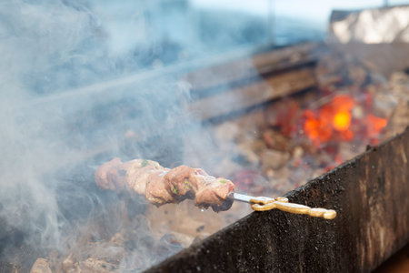 Spit roasted meat being fried on a charcoal grill