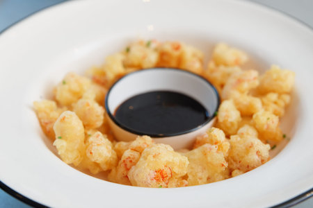 Tempura dish on white plate with thick brown sauce in gravy boatの写真素材