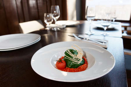 Stuffed spinach leaves with tomato sauce and cabbage chipsの写真素材