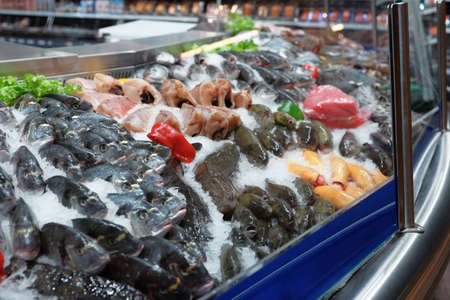 Great variety of fish and seafood on iced supermarket stallの写真素材