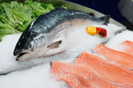 Fresh salmon on ice in a supermarketの写真素材