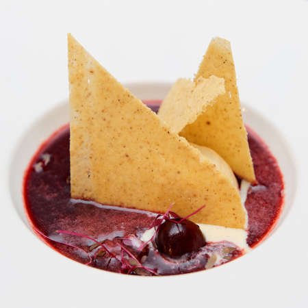 Berry dessert with vanilla ice cream and cookiesの写真素材