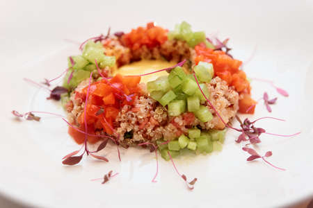 Vegan appetizer of chinoa and vegetables, close-upの写真素材