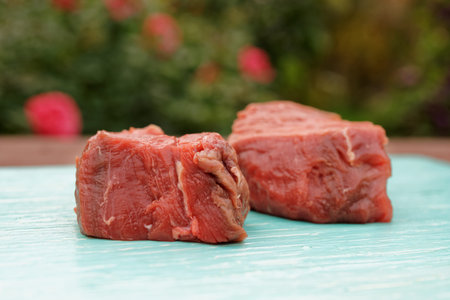 Two pieces of tenderloin beef on blue cutting board shot outdoorsの写真素材