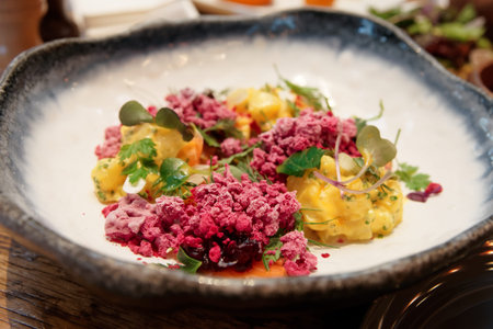 Simple beetroot appetizer cooked in modern way with liquid nitrogen, molecular cuisineの写真素材