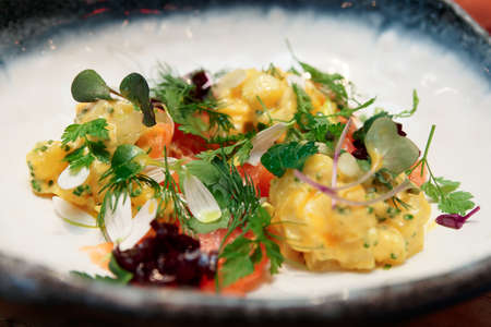 Haute cuisine appetizer with salmon and potatoes, close-upの写真素材